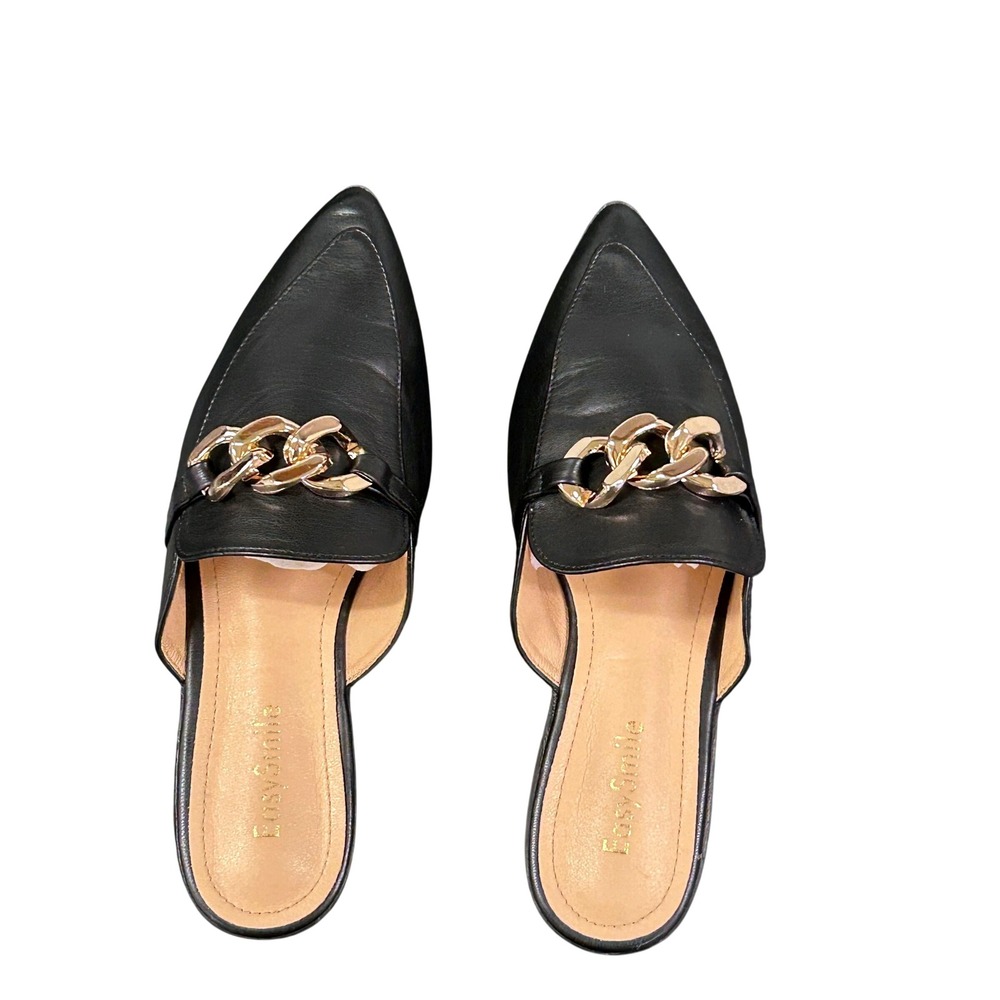 EasySmile Womens Black Pointed Toe Mules Gold Chain Link Flat Slides Chic 8.5